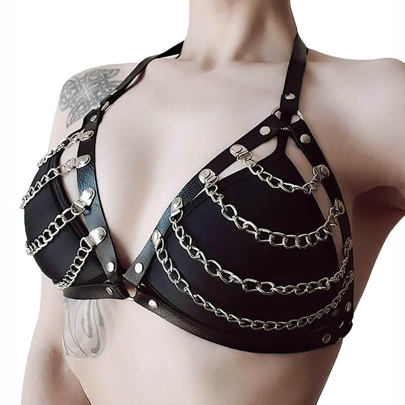 Gothic leather body harness with metal chains, perfect for punk fashion enthusiasts and festival accessories.