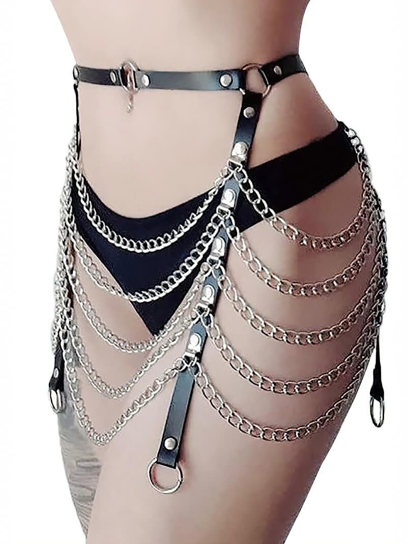 Gothic leather body harness with metal chains and rivets, perfect for punk fashion enthusiasts and festival lovers.