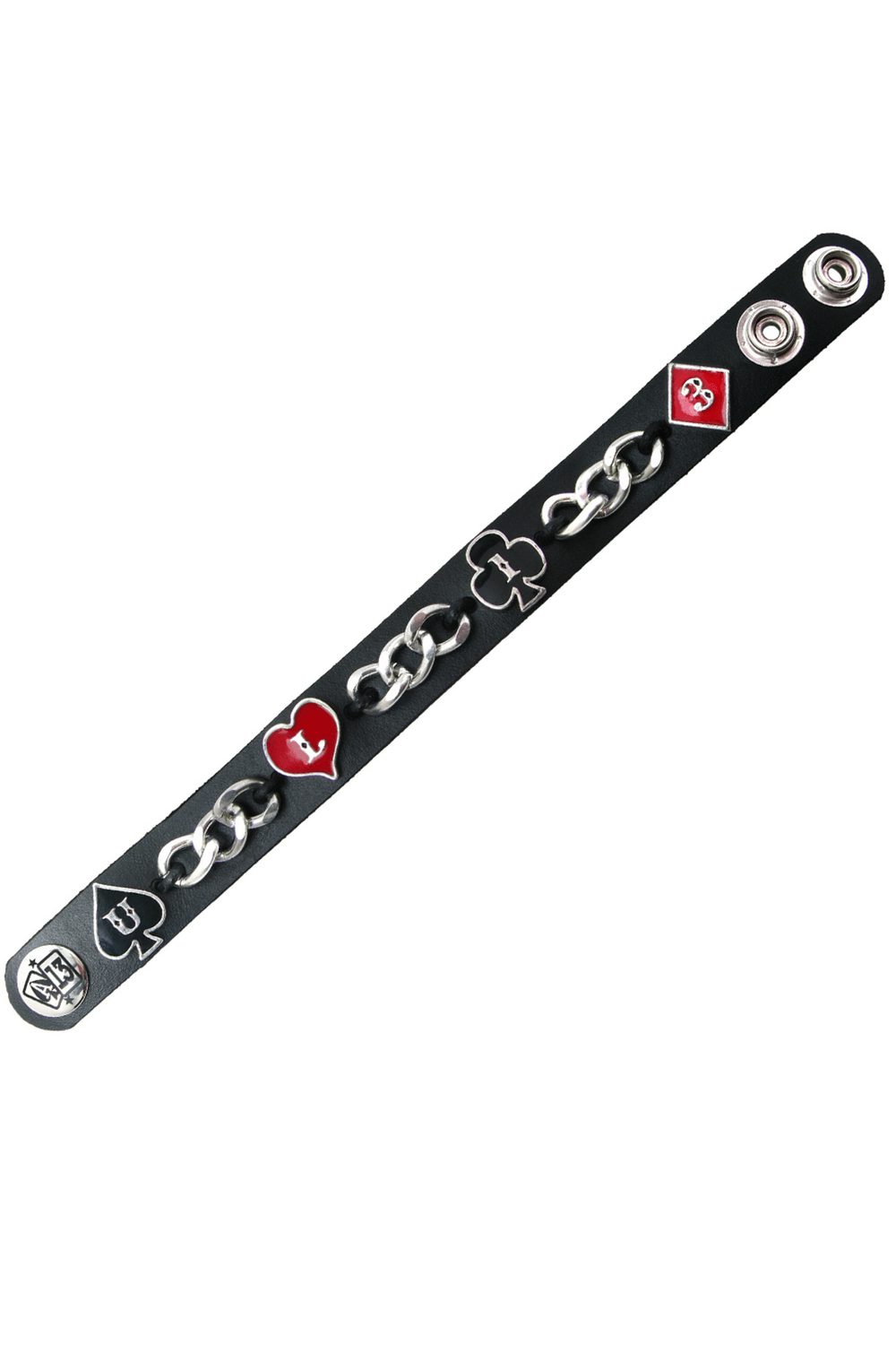 Gothic Leather Bracelet with Chain and Card Suits featuring red and black card suit emblems and chunky silver chain.