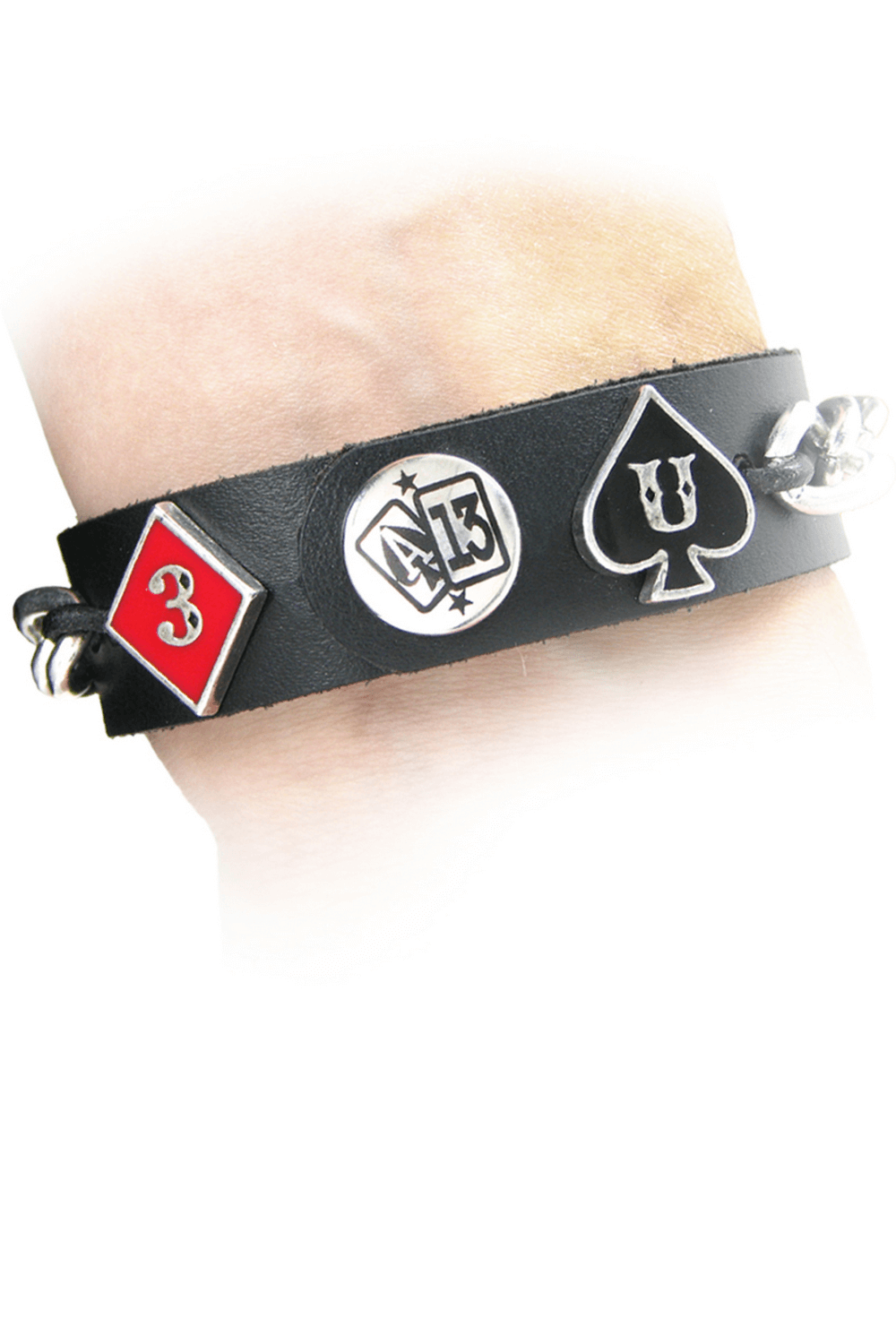 Gothic Leather Bracelet with Chain and Card Suits featuring punk card suit symbols and metallic accents.