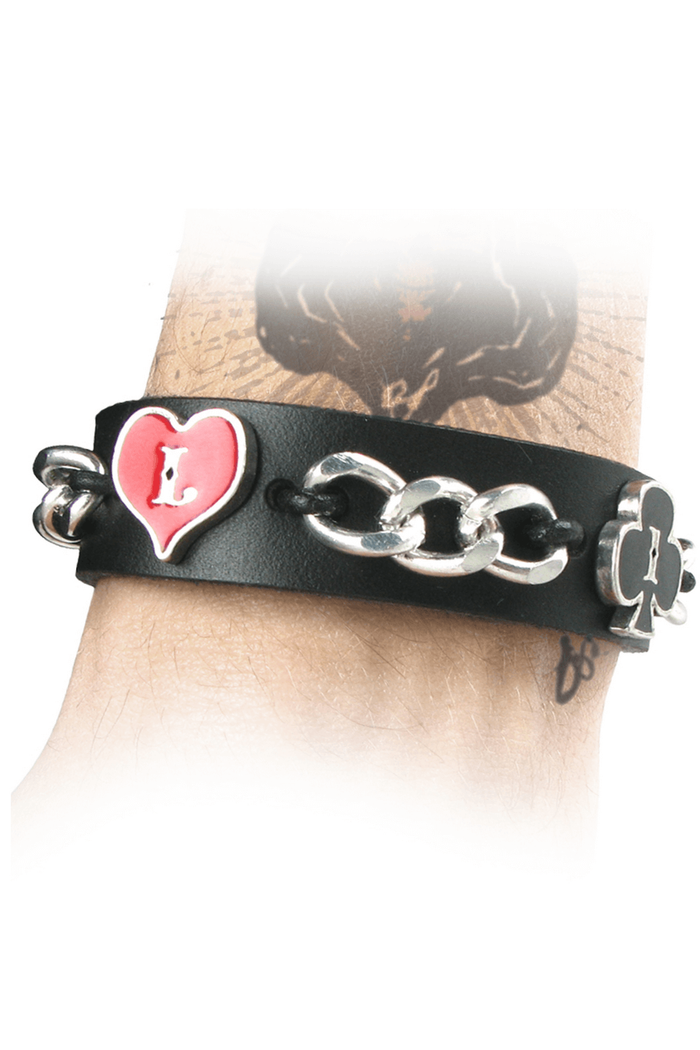 Gothic Leather Bracelet with Chain and Card Suits featuring red heart and club symbols.