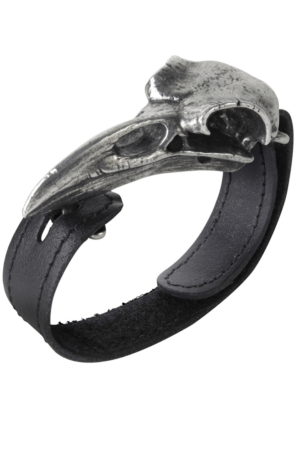 Gothic leather bracelet featuring polished pewter raven skull, perfect for dark aesthetic and pagan styles.