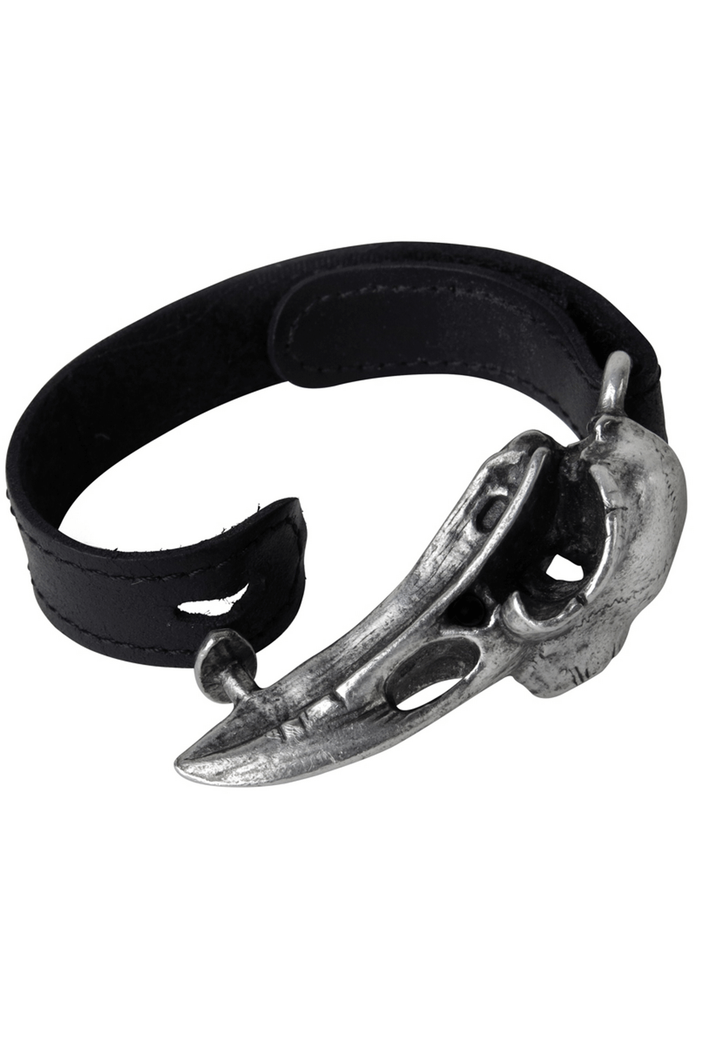 Gothic leather bracelet with pewter raven skull for dark aesthetic, inspired by Norse mythology, ideal for occult styles.