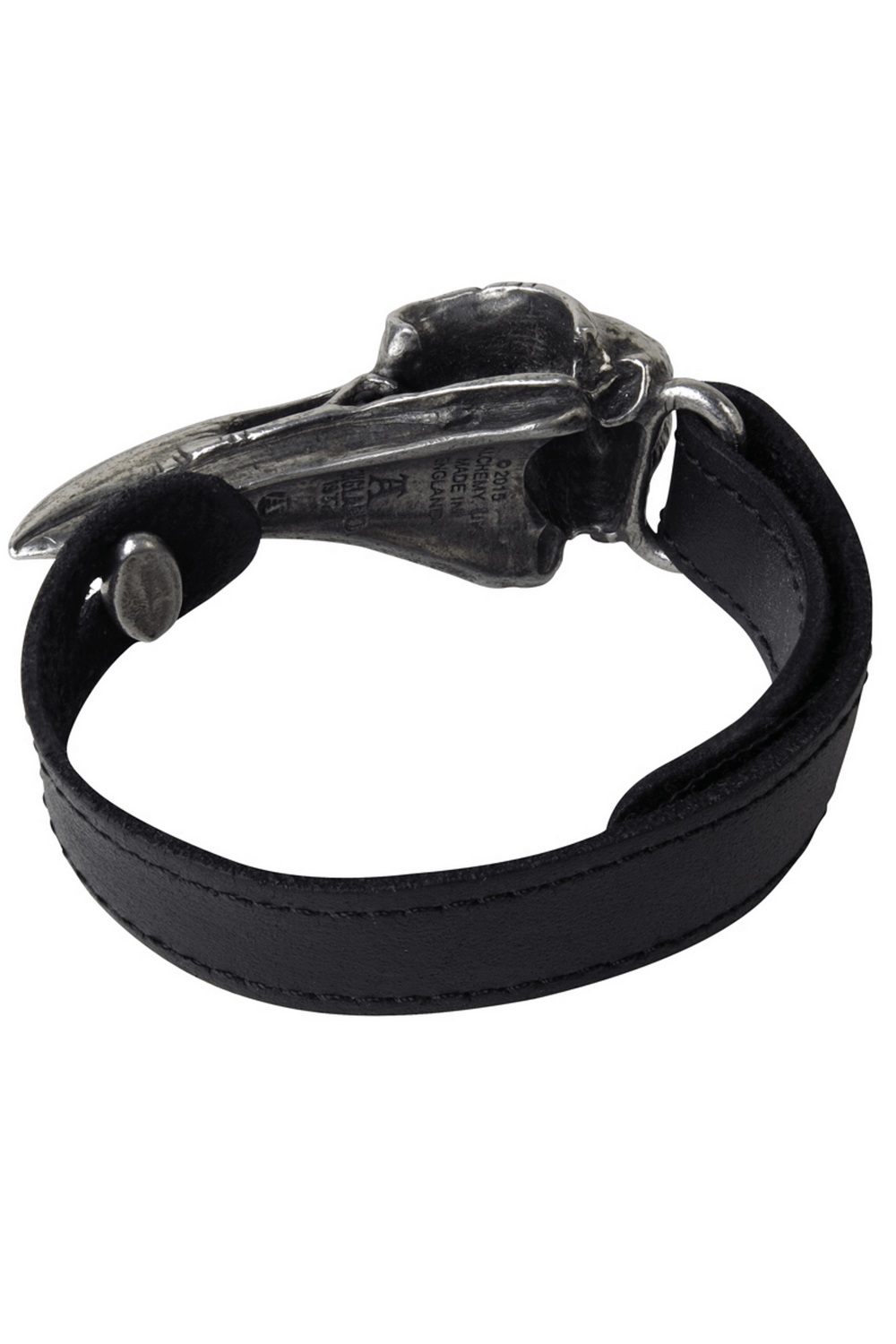 Gothic leather bracelet with pewter raven skull detail, perfect for dark aesthetic and pagan style.