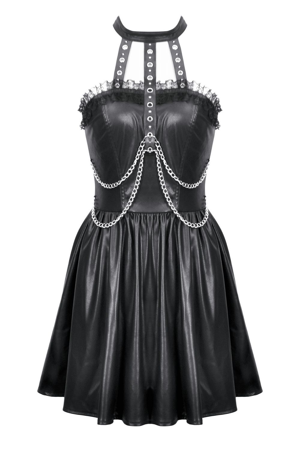 Gothic leather halter dress with chain details and flared skirt, featuring ruffled edges and a zipper back.