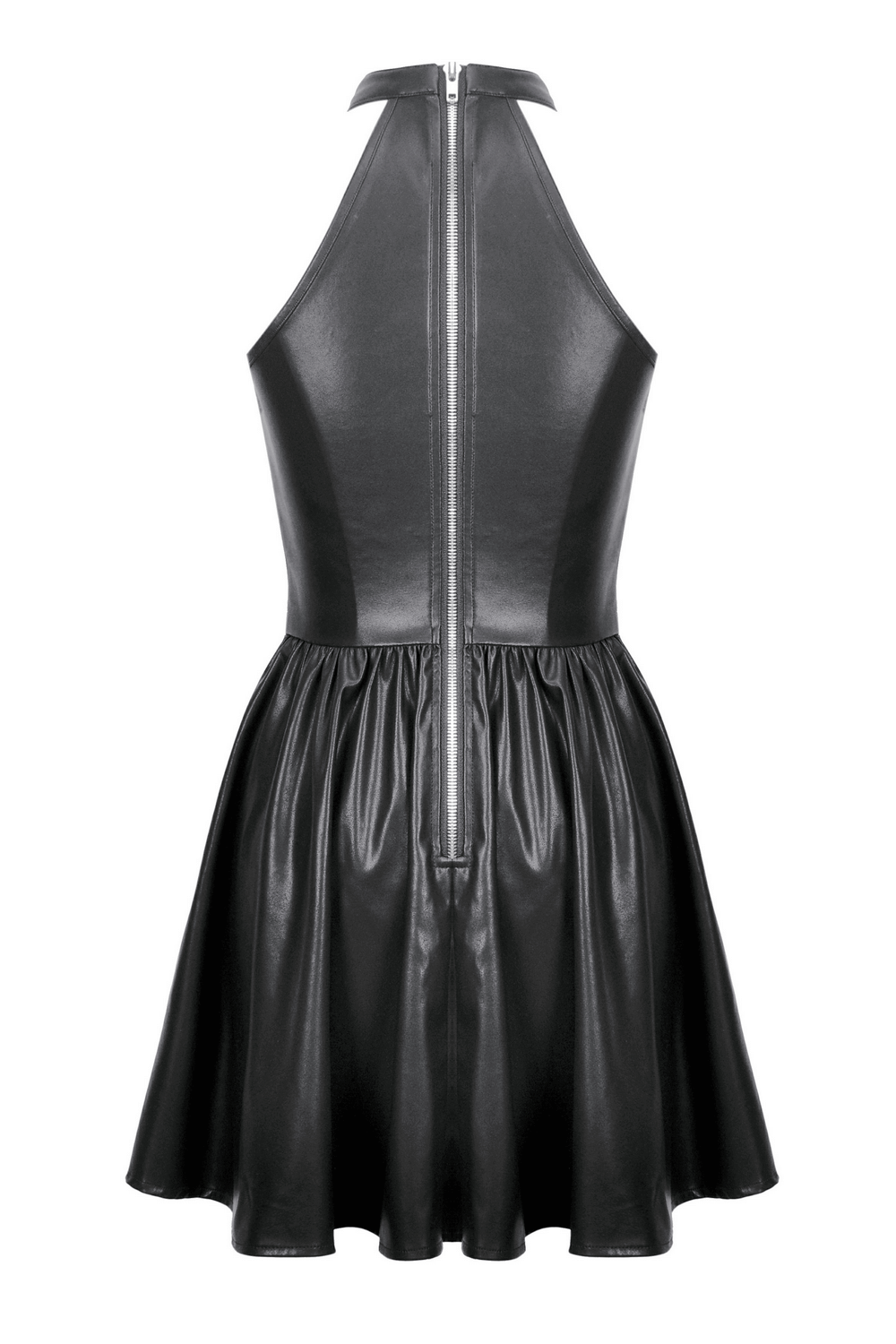 Back view of gothic leather dress with halter neck, zipper closure, and flared skirt, highlighting edgy style.