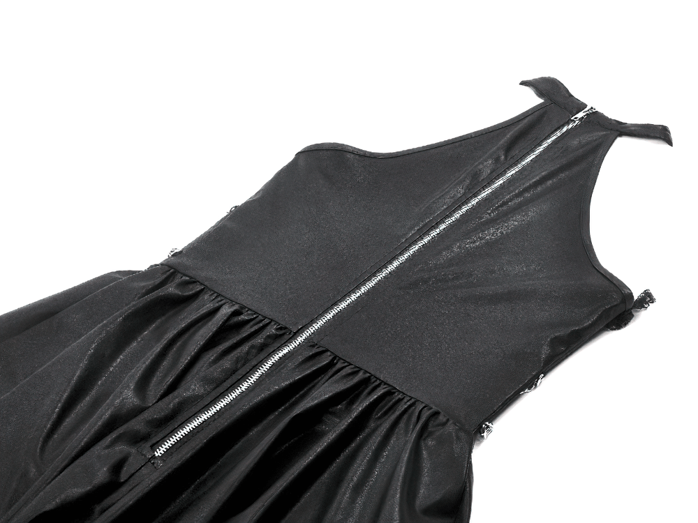 Gothic leather halter dress with chain details and zipper back, showcasing a fitted skirt and dramatic flair.