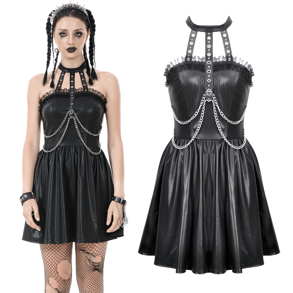 Gothic leather halter dress with chain details, fitted skirt, and dramatic zipper back, ideal for bold fashion statements.