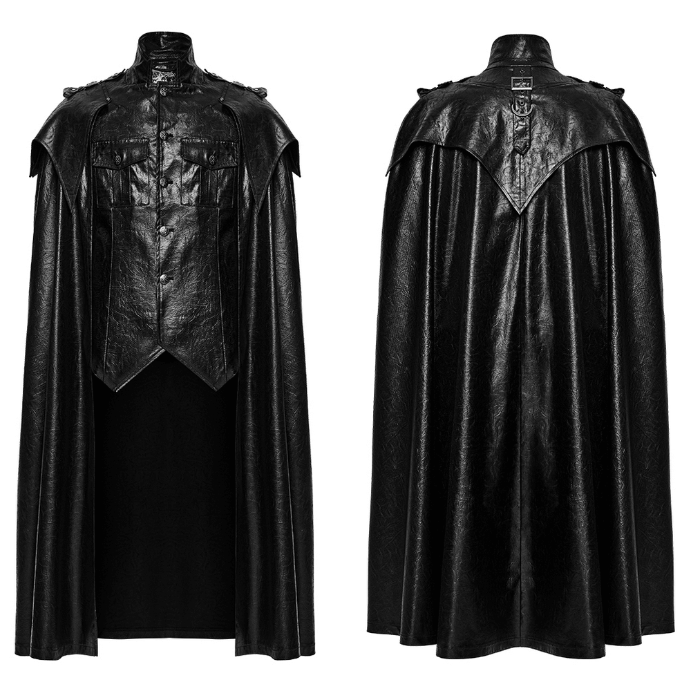 Gothic Leather-Look Military Shirt-Cloak With Metal Details, showcasing a striking black design and punk styling.