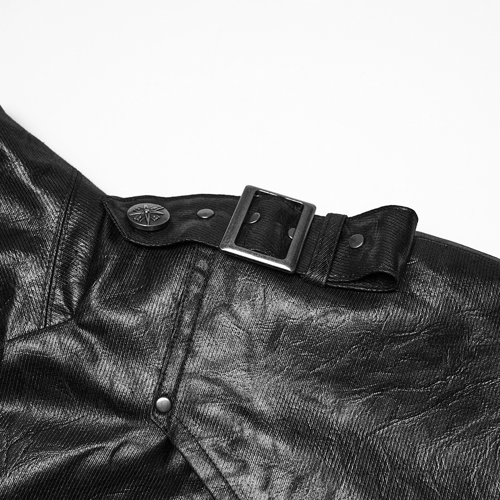 Gothic Leather-Look Military Shirt-Cloak With Metal Details close-up of buckle and fabric texture