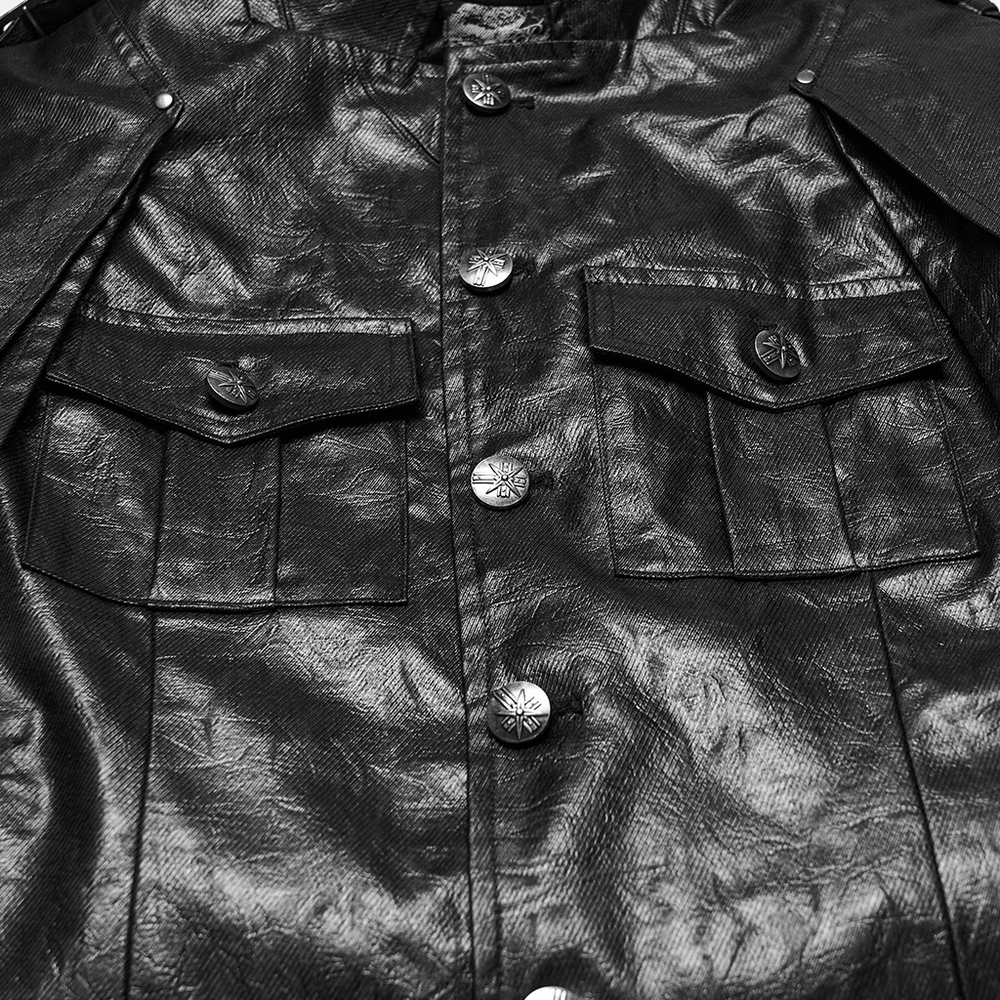 Gothic Leather-Look Military Shirt-Cloak With Metal Details showcasing a sleek black texture and bold pocket design.