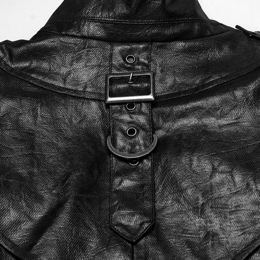 Gothic Leather-Look Military Shirt-Cloak With Metal Details back view showcasing unique fabric texture and metal accents.