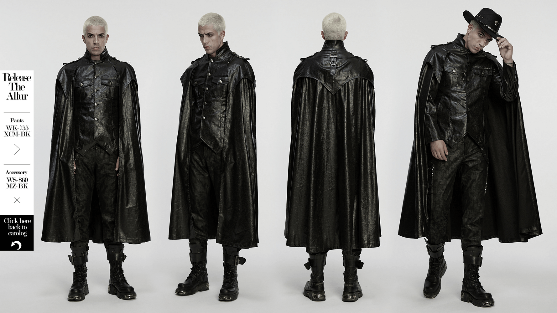 Gothic Leather-Look Military Shirt-Cloak With Metal Details displayed from multiple angles on a model.