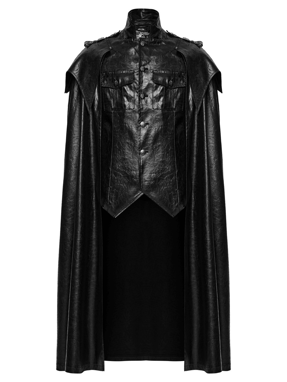 Gothic Leather-Look Military Shirt-Cloak With Metal Details, showcasing a dramatic black design with punk aesthetics.