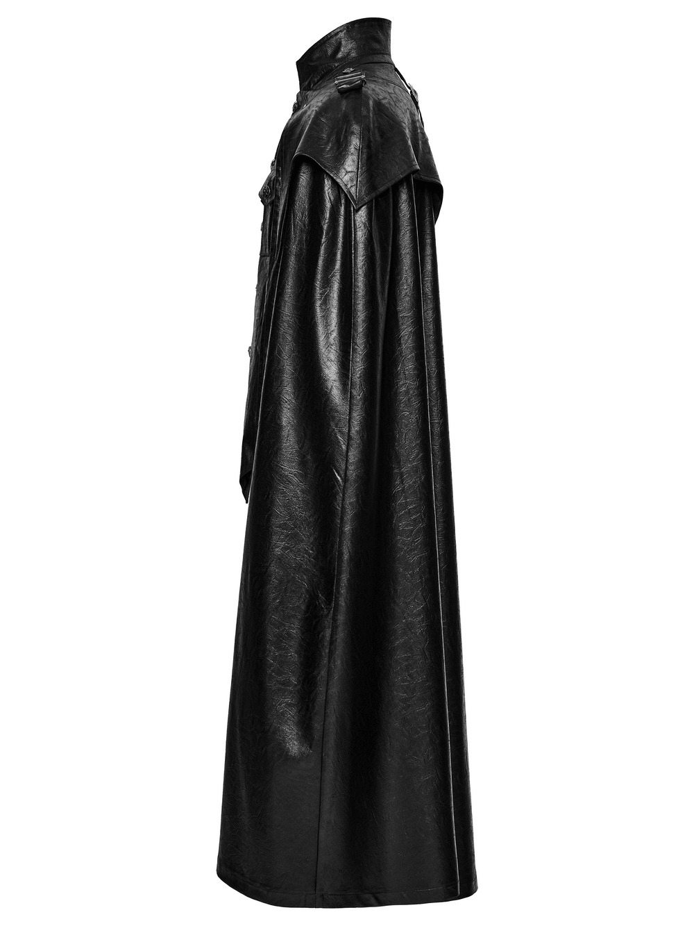 Gothic Leather-Look Military Shirt-Cloak With Metal Details showcasing a sleek, dramatic, black leather-like design.