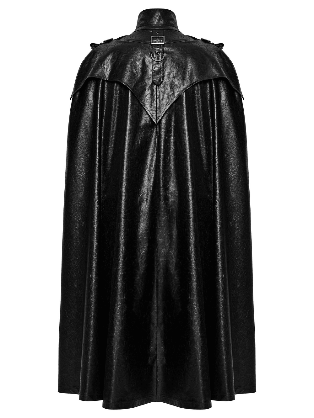 Gothic Leather-Look Military Shirt-Cloak With Metal Details showcased from the back in sleek black fabric.