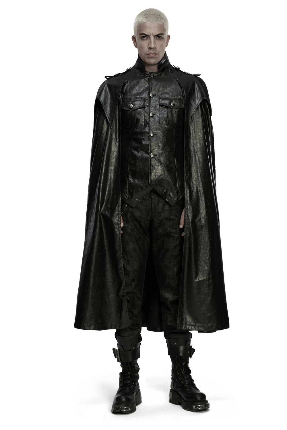 Gothic Leather-Look Military Shirt-Cloak With Metal Details worn by a model in edgy punk fashion.