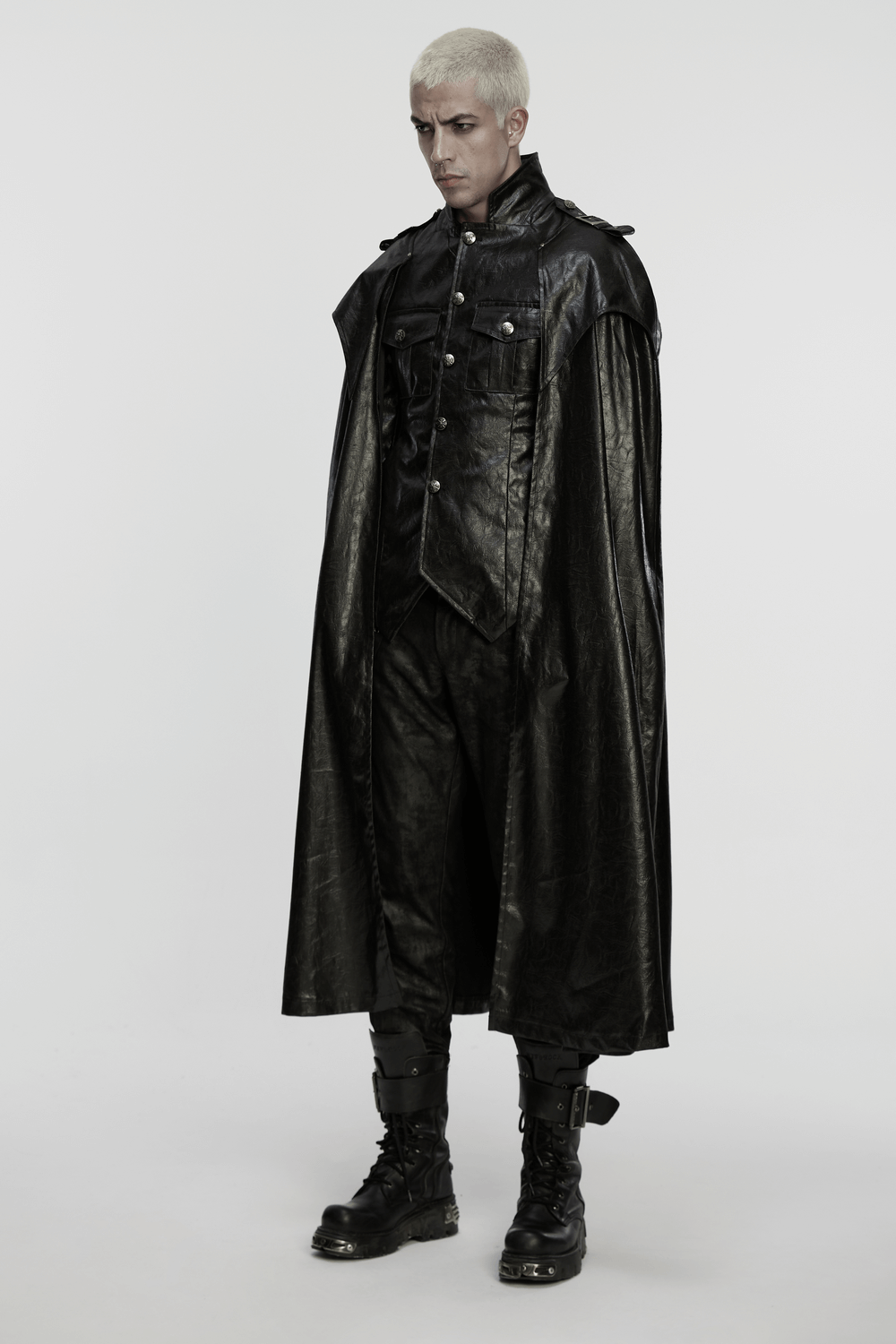 Gothic Leather-Look Military Shirt-Cloak With Metal Details worn by a model featuring a dramatic flowing design.