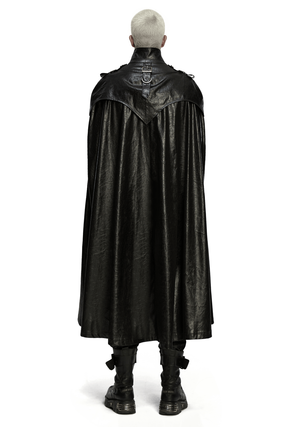 Gothic Leather-Look Military Shirt-Cloak With Metal Details worn from the back, showcasing its dramatic flowing design.