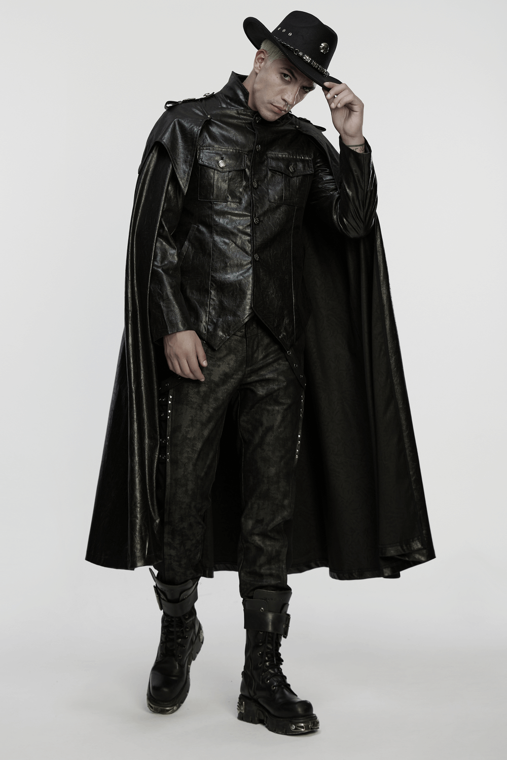 Gothic Leather-Look Military Shirt-Cloak With Metal Details worn by a model showcasing dark punk aesthetics.