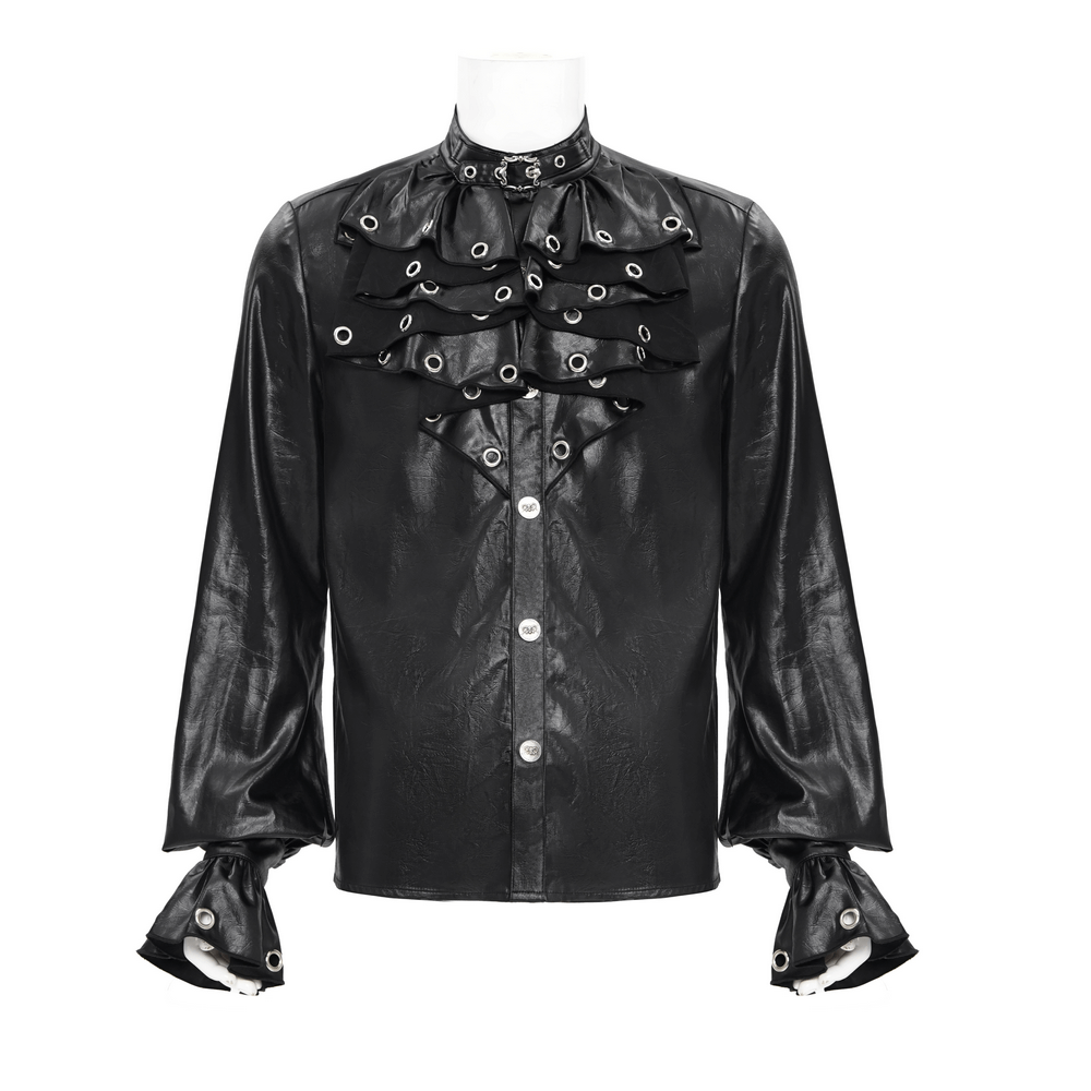 Gothic leather shirt for men featuring eyelet collar and ruffled front, perfect for bold, edgy fashion statements.