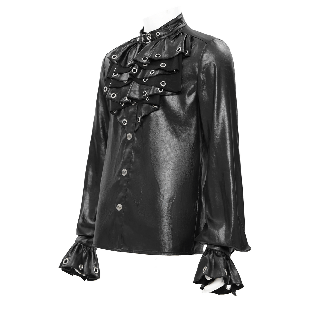 Gothic men's leather shirt with eyelet collar and ruffled front, showcasing edgy black style and unique design.