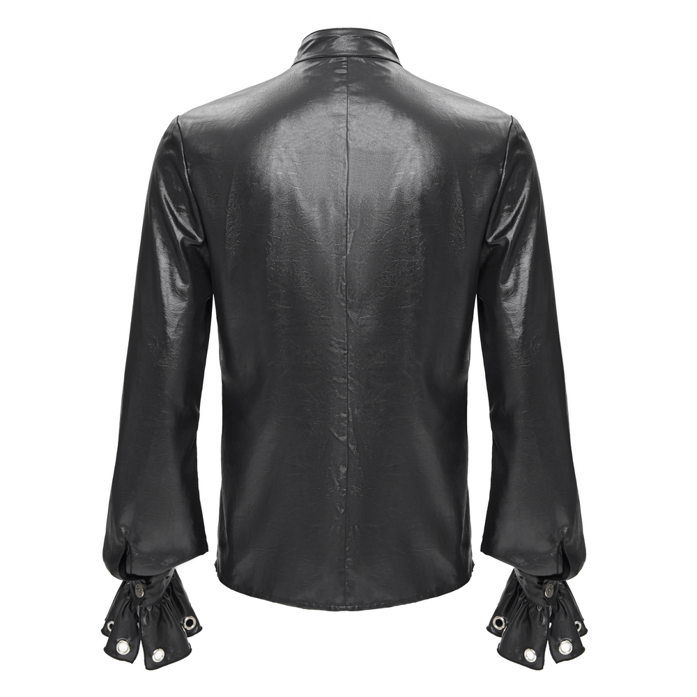 Back view of Gothic men's leather shirt with eyelet cuffs and ruffled front, showcasing edgy fashion style.