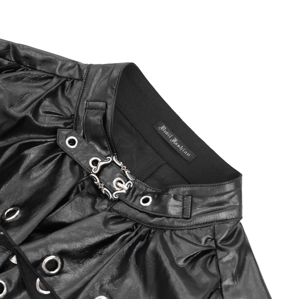 Gothic men's leather shirt with eyelet collar and cuffs, showcasing ruffled front design in bold black leather.