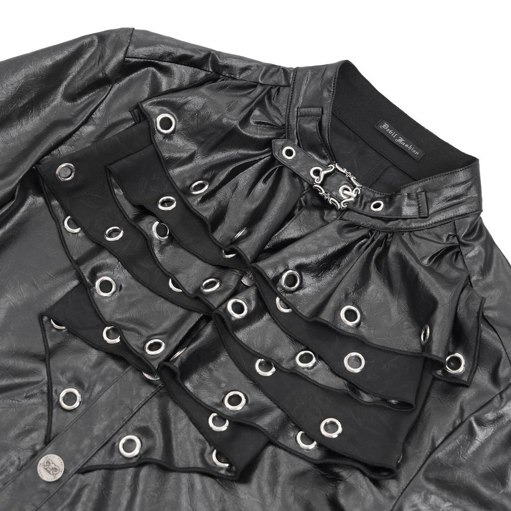 Gothic leather shirt with eyelet collar and ruffled front design for edgy men's fashion.