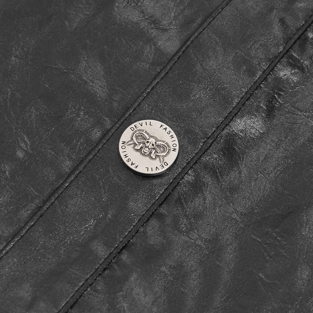 Close-up of the button detail on a Gothic leather shirt featuring the Devil Fashion logo.