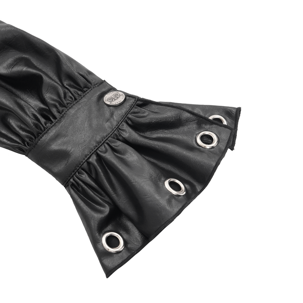 Detail of Gothic leather shirt sleeve with ruffled design and eyelet accents, perfect for edgy fashion enthusiasts.