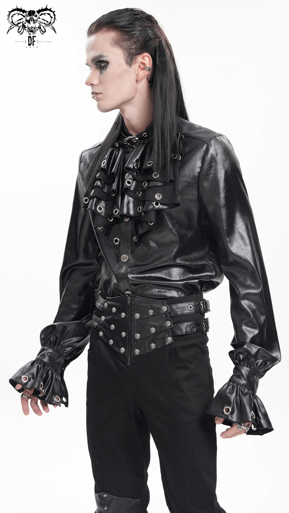 Gothic leather shirt with eyelet collar, ruffled front design and flared cuffs for men, showcasing edgy fashion style.