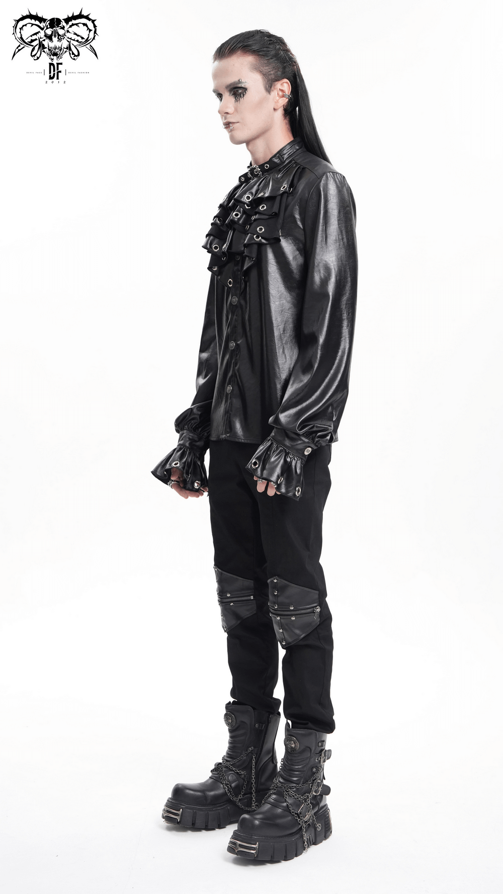 Men's Gothic leather shirt with eyelet collar, ruffled front, and edgy black design.