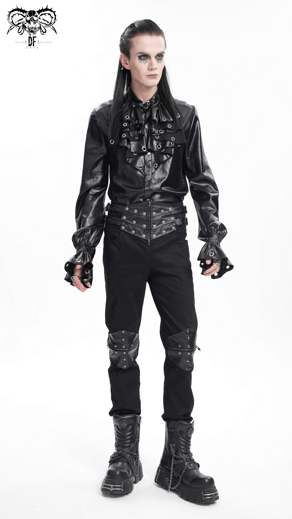 Men's Gothic leather shirt with eyelet collar, stylish ruffled front design, paired with edgy black pants and boots.