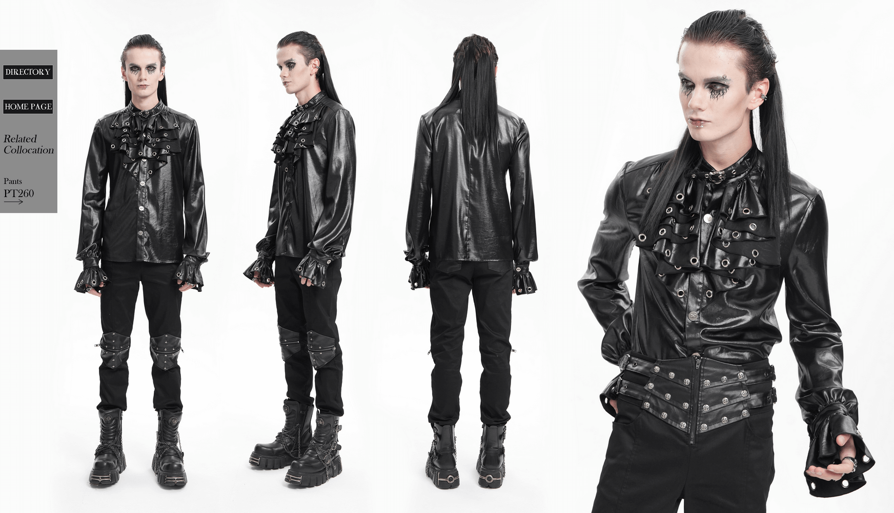 Men's Gothic Leather Shirt with eyelet collar, ruffled front, and edgy black styling for fashion enthusiasts.