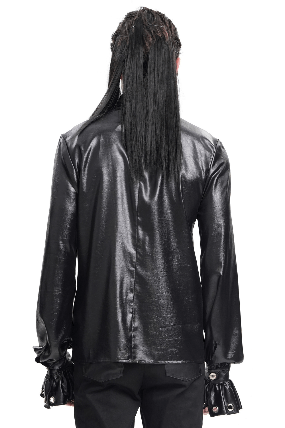 Back view of a men's gothic leather shirt with eyelet cuffs, showcasing a shiny black finish and ruffled sleeve design.