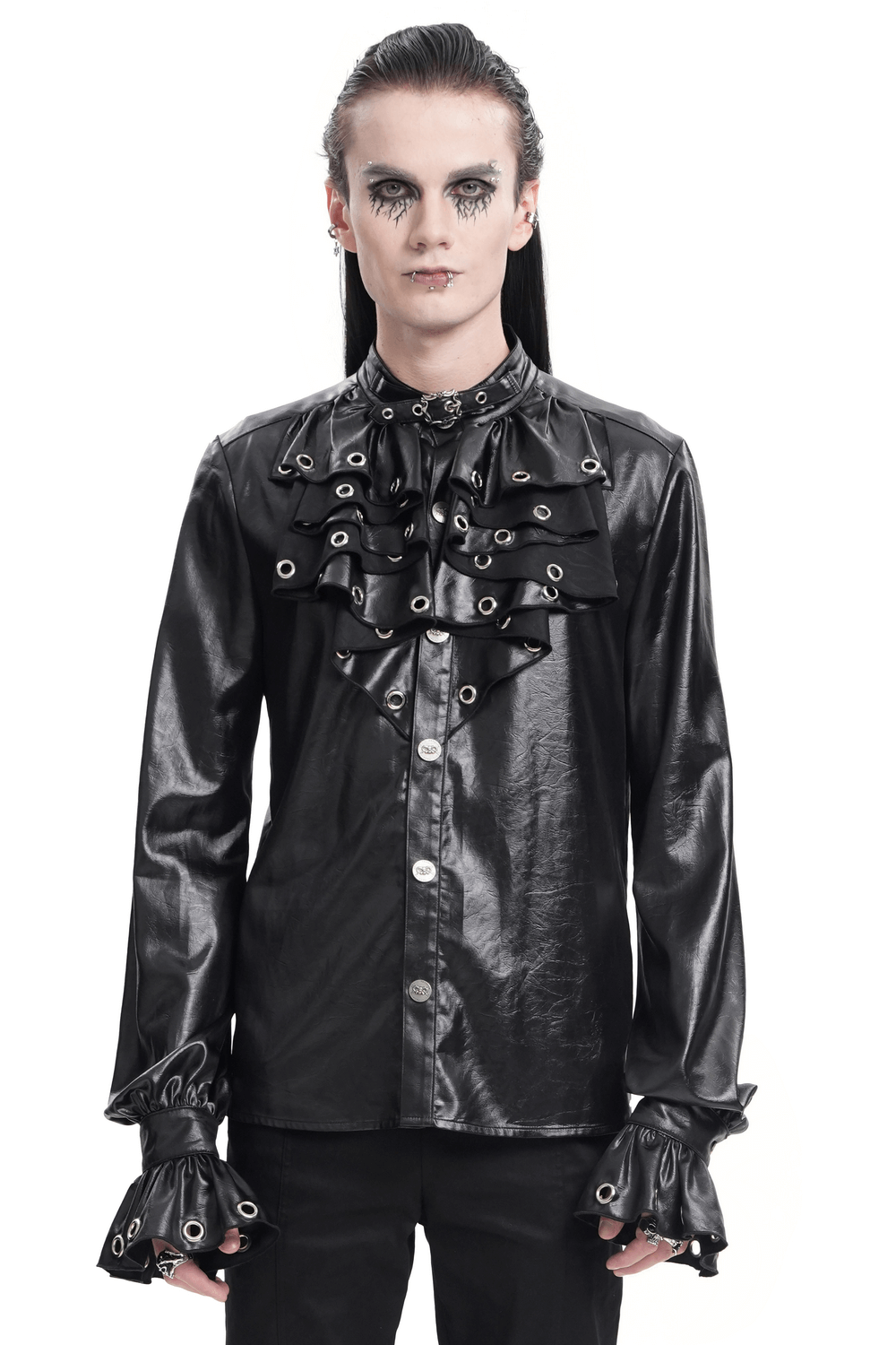 Gothic men's leather shirt with eyelet collar, ruffled front, and dramatic cuffs in black, perfect for edgy fashion.