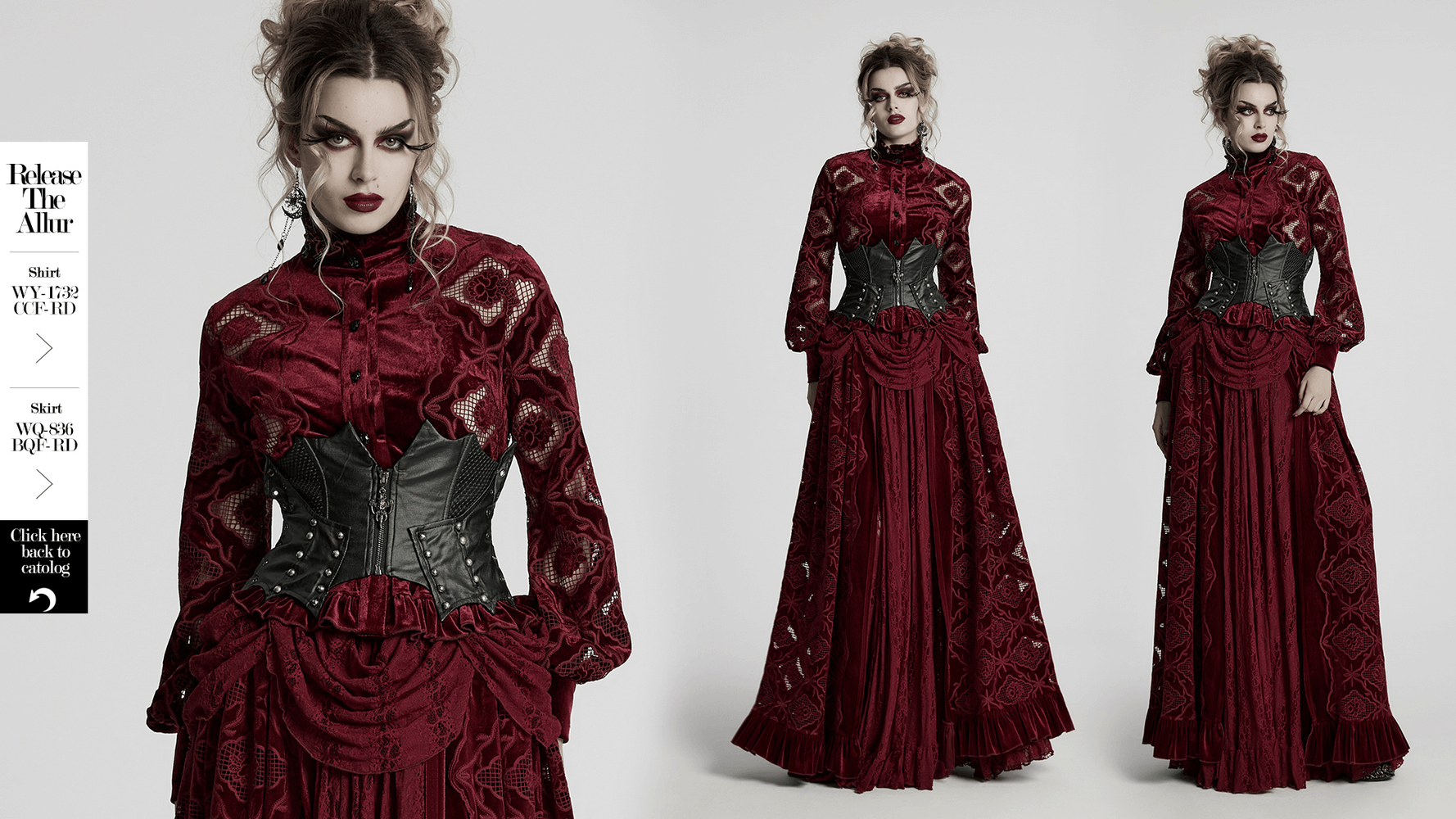 Gothic Victorian dress with black leather corset, lace details, and dramatic burgundy skirt for a striking punk style.