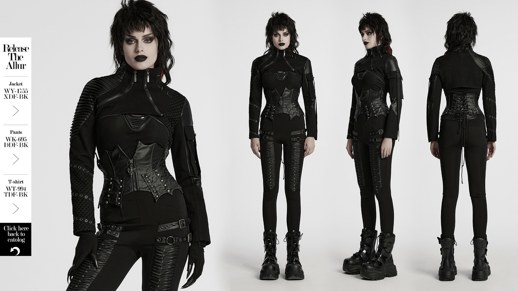 Gothic leather waist corset with zipper, lace-up back, and batwing shape for punk-inspired styling.