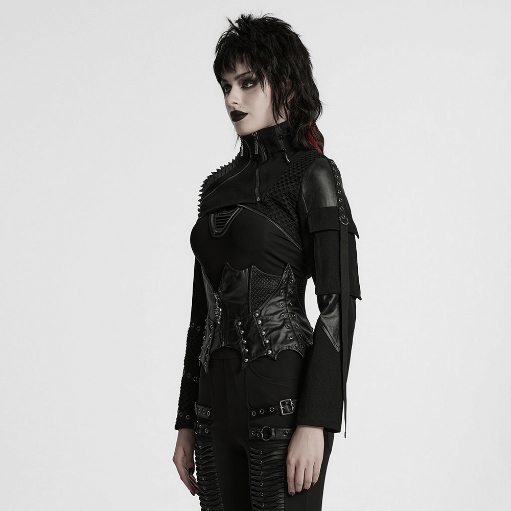 Gothic leather waist corset modeled in black, featuring studs, mesh panels, and a dramatic batwing silhouette.
