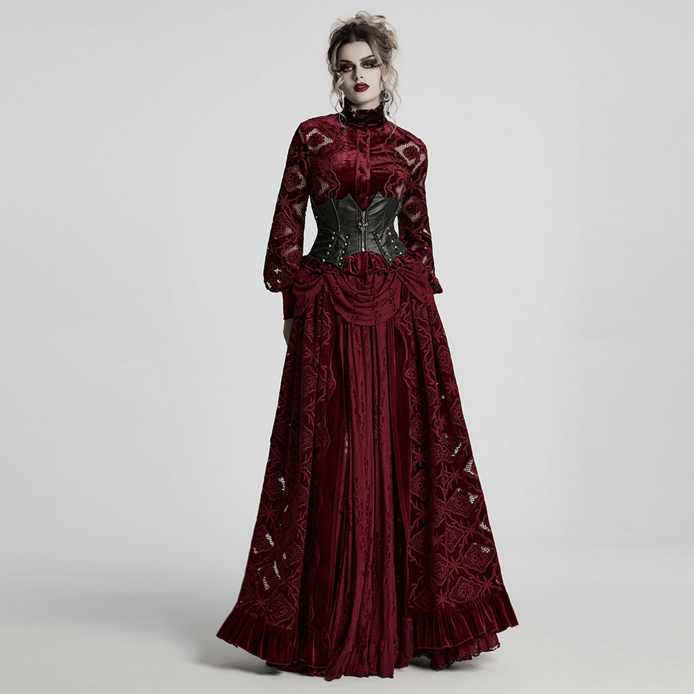Gothic model in a burgundy dress with lace and a black leather corset, perfect for Victorian or punk aesthetics.