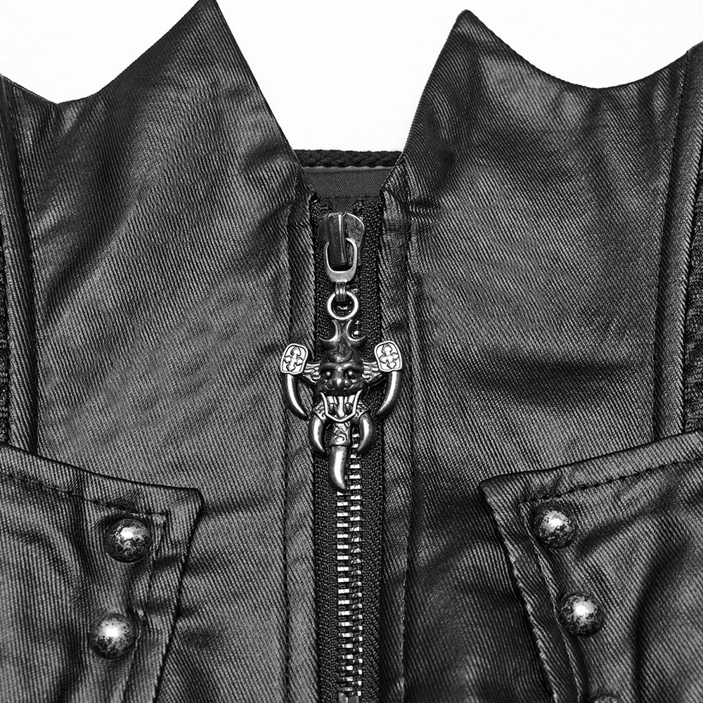 Close-up of gothic leather corset featuring a decorative zipper and studded detailing for punk style.