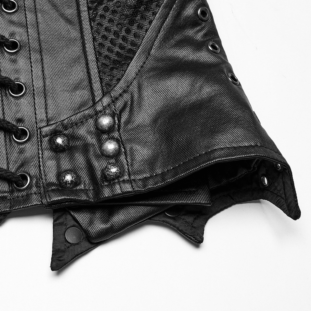 Close-up of a gothic corset showcasing studs, leather texture, and lace-up details, perfect for punk fashion.
