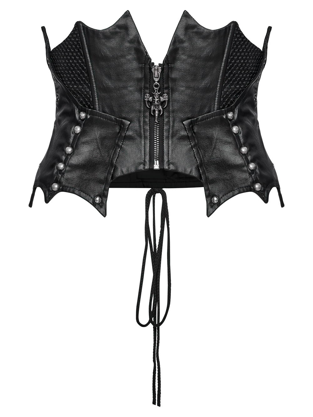 Gothic leather waist corset with zipper, lace-up back, studs, mesh panels, batwing shape for punk and Victorian styles.