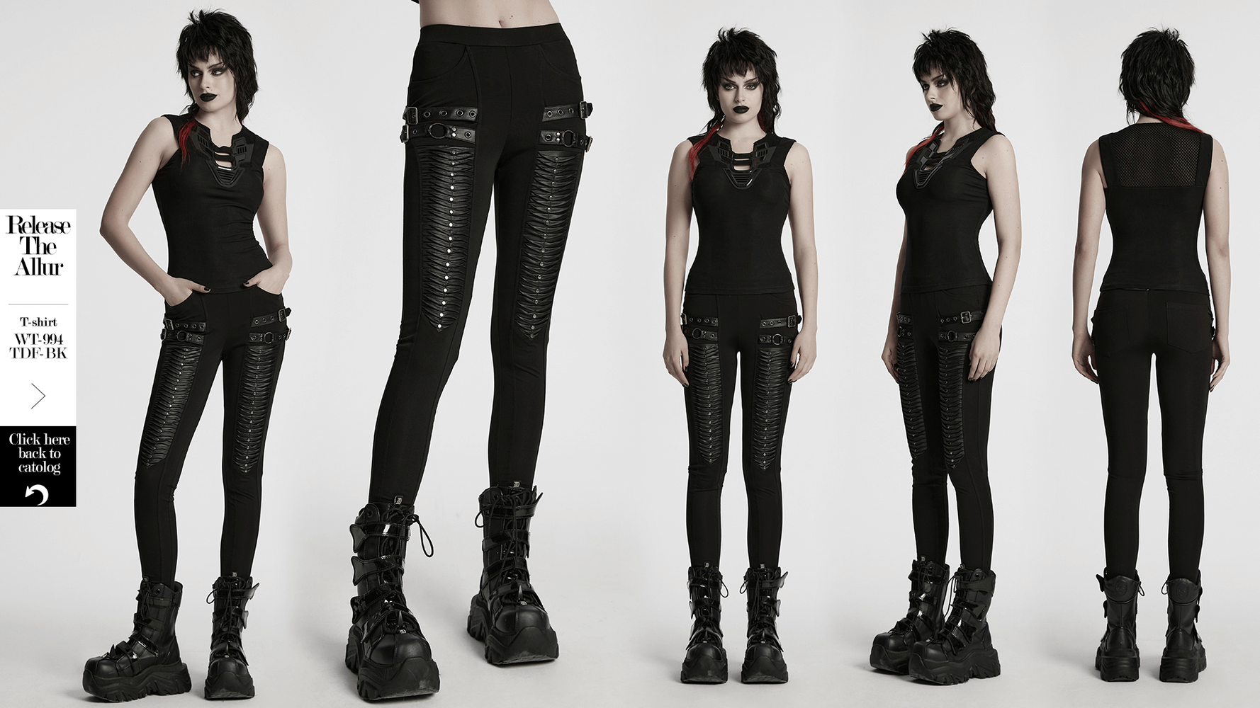 Gothic leggings with 3D pleats and faux leather straps, perfect for a bold, edgy look. Stylish and comfortable!