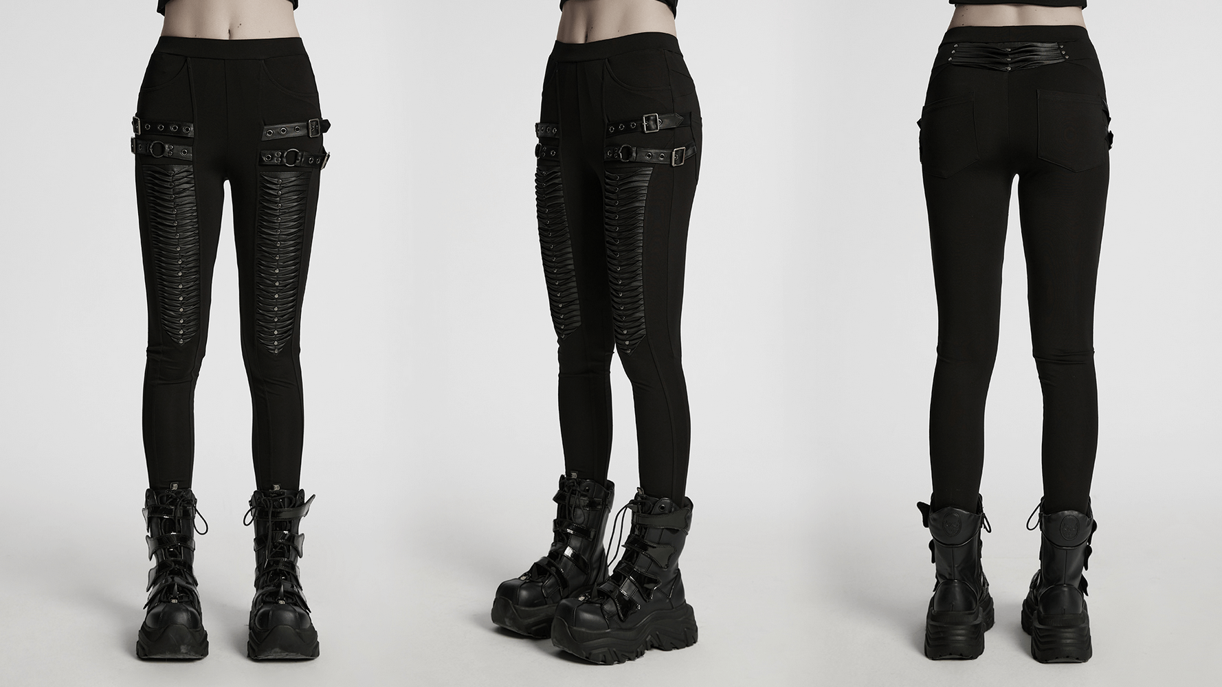 Gothic leggings featuring 3D pleats and faux leather straps, styled with edgy combat boots.