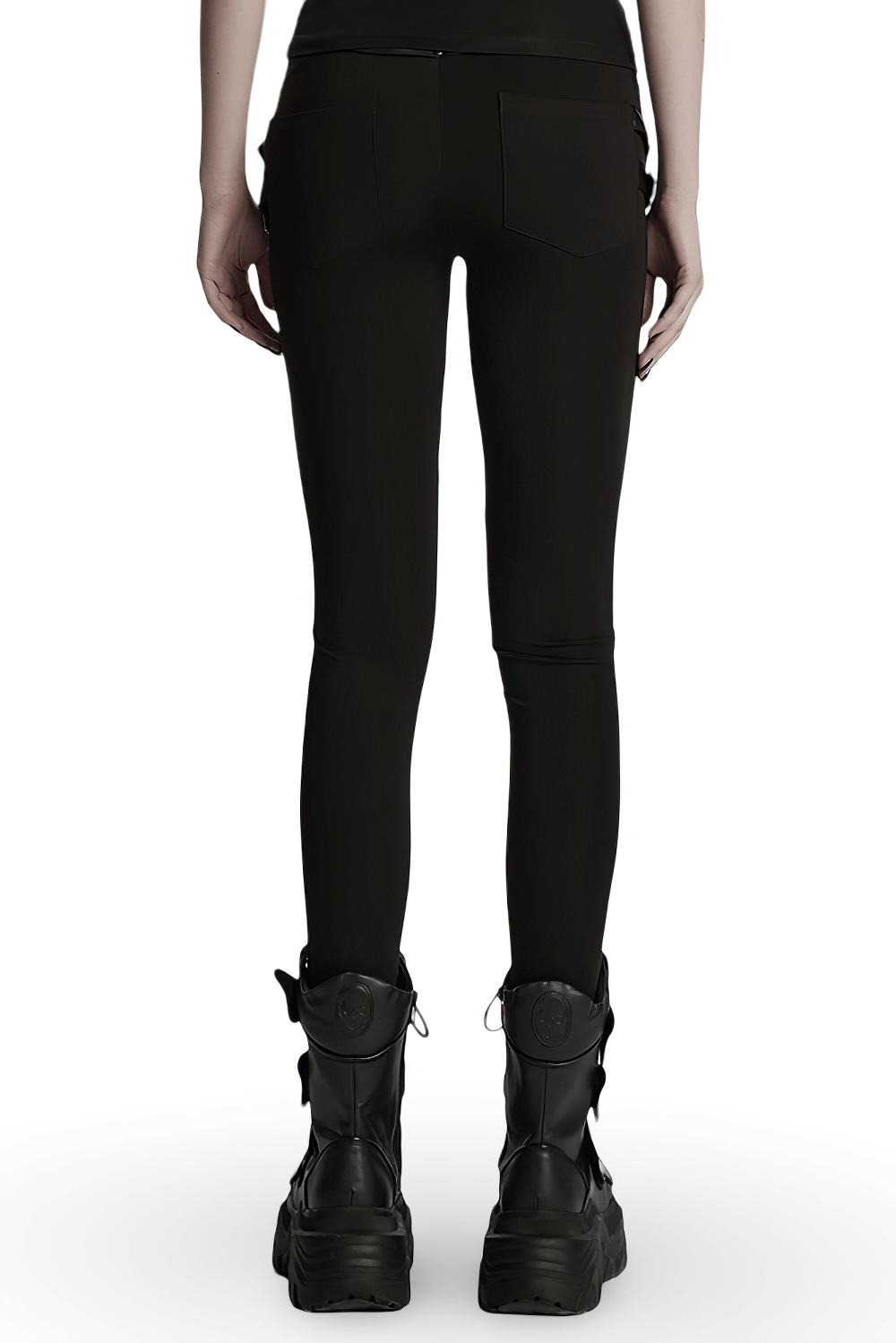 Gothic leggings featuring sleek 3D pleats and faux leather straps, paired with stylish combat boots.