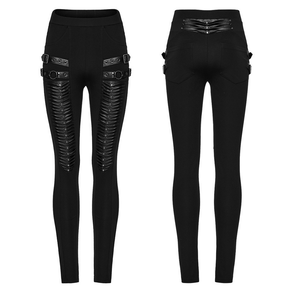 Gothic leggings featuring 3D pleats and faux leather straps, perfect for a bold and edgy look.