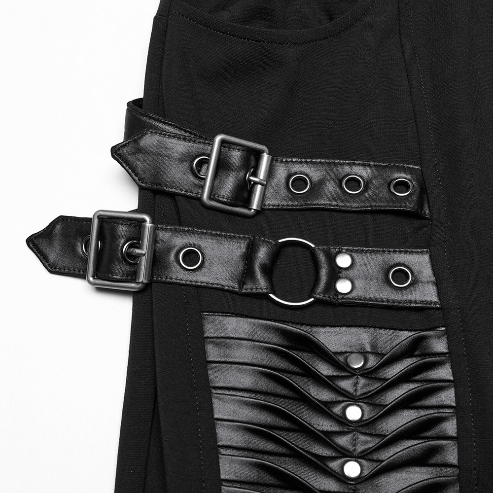 Gothic leggings featuring 3D pleats and stylish faux leather straps, perfect for an edgy look.