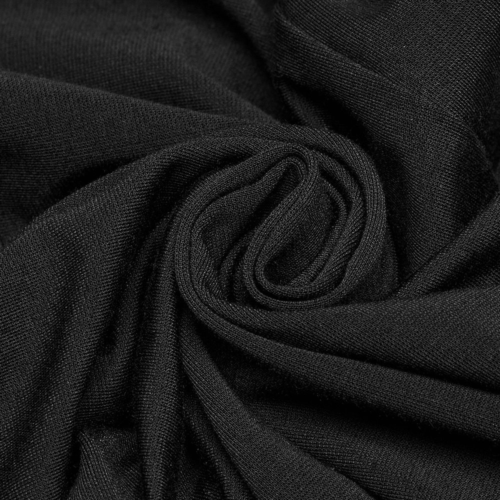 Close-up of black fabric showcasing soft texture, perfect for gothic leggings with 3D pleats and faux leather.